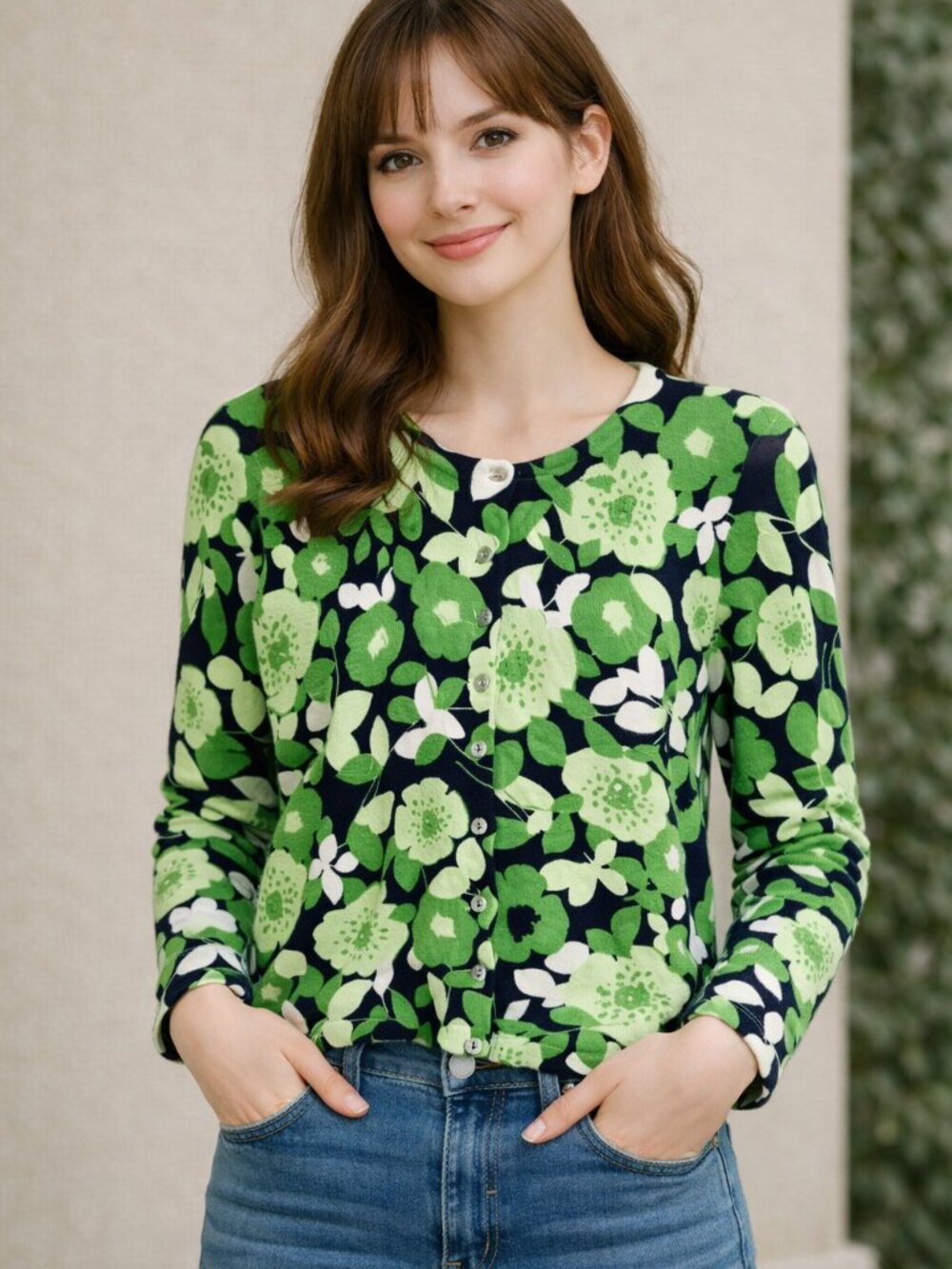 Charter Club Green & Black Cardigan Flower & Leaf, Size-Marked as PS but is PM